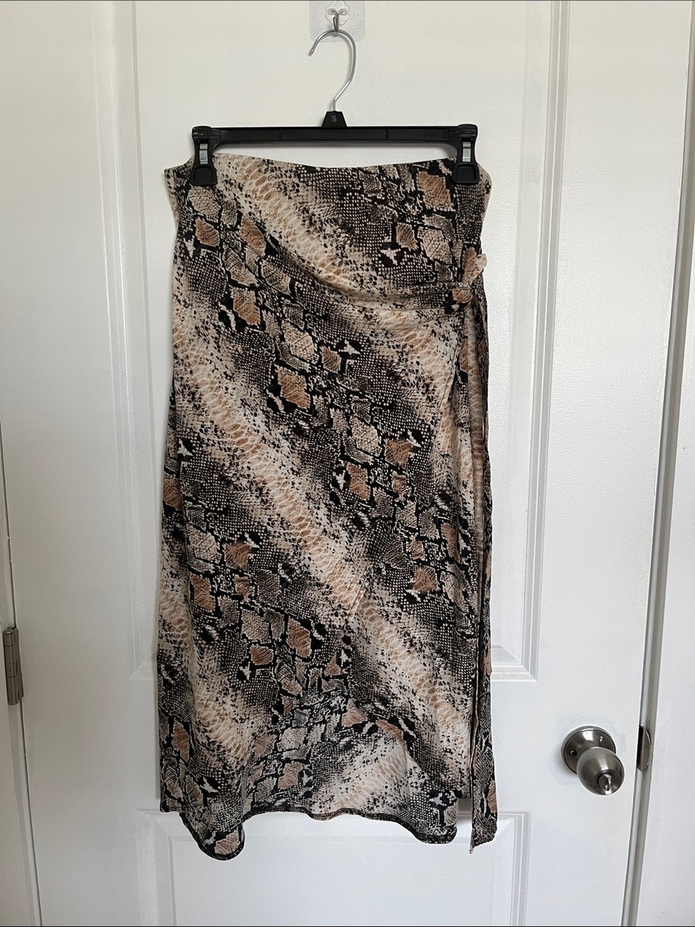 Snake-Print Midi Wrap Skirt in Neutral Tones